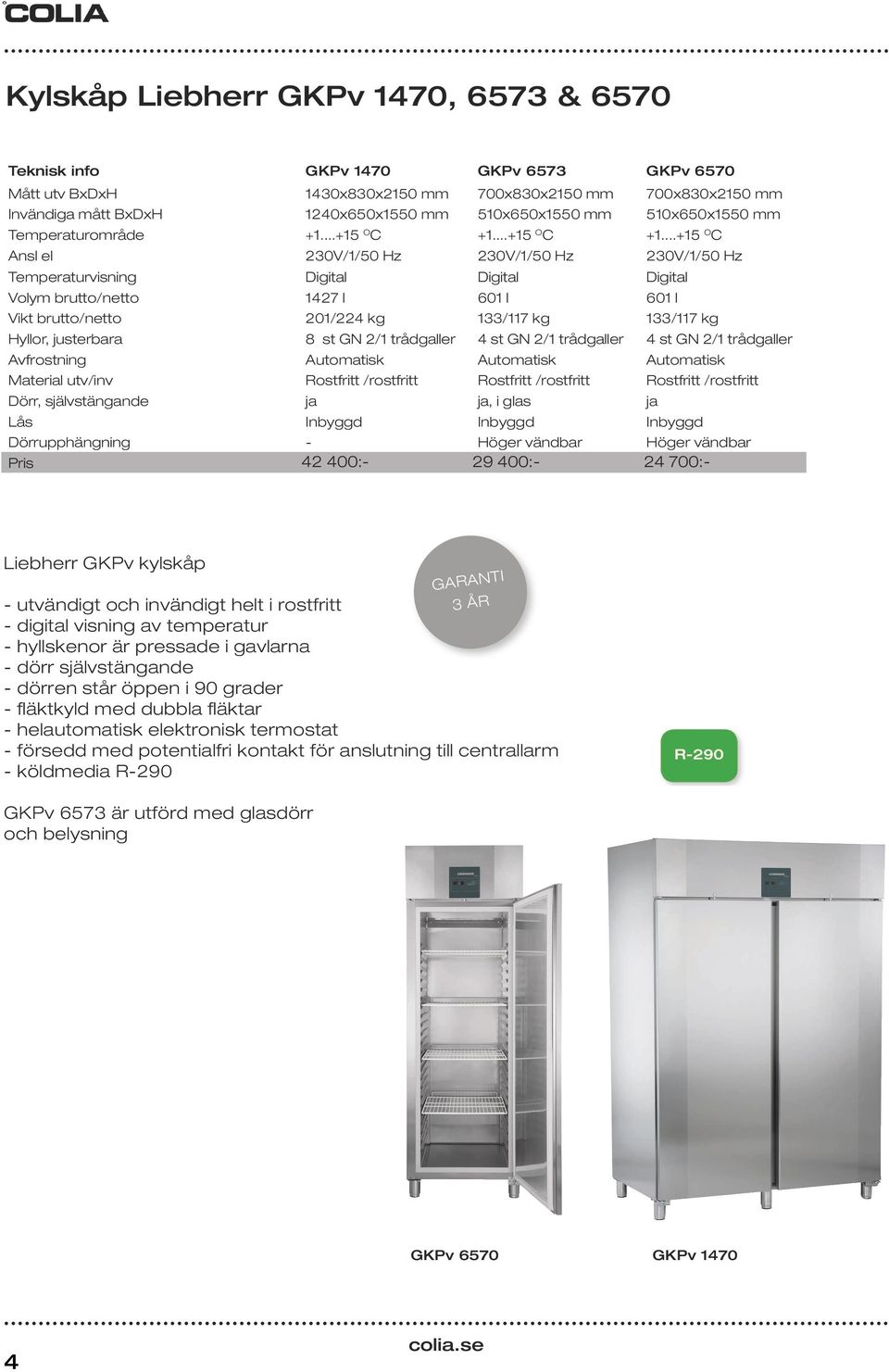 ..+15 OC 230V/1/50 Hz Temperaturvisning Volym brutto/netto Vikt brutto/netto Hyllor, justerbara Avfrostning Material utv/inv Dörr, självstängande Lås Dörrupphängning Pris Digital 1427 l 201/224 kg 8