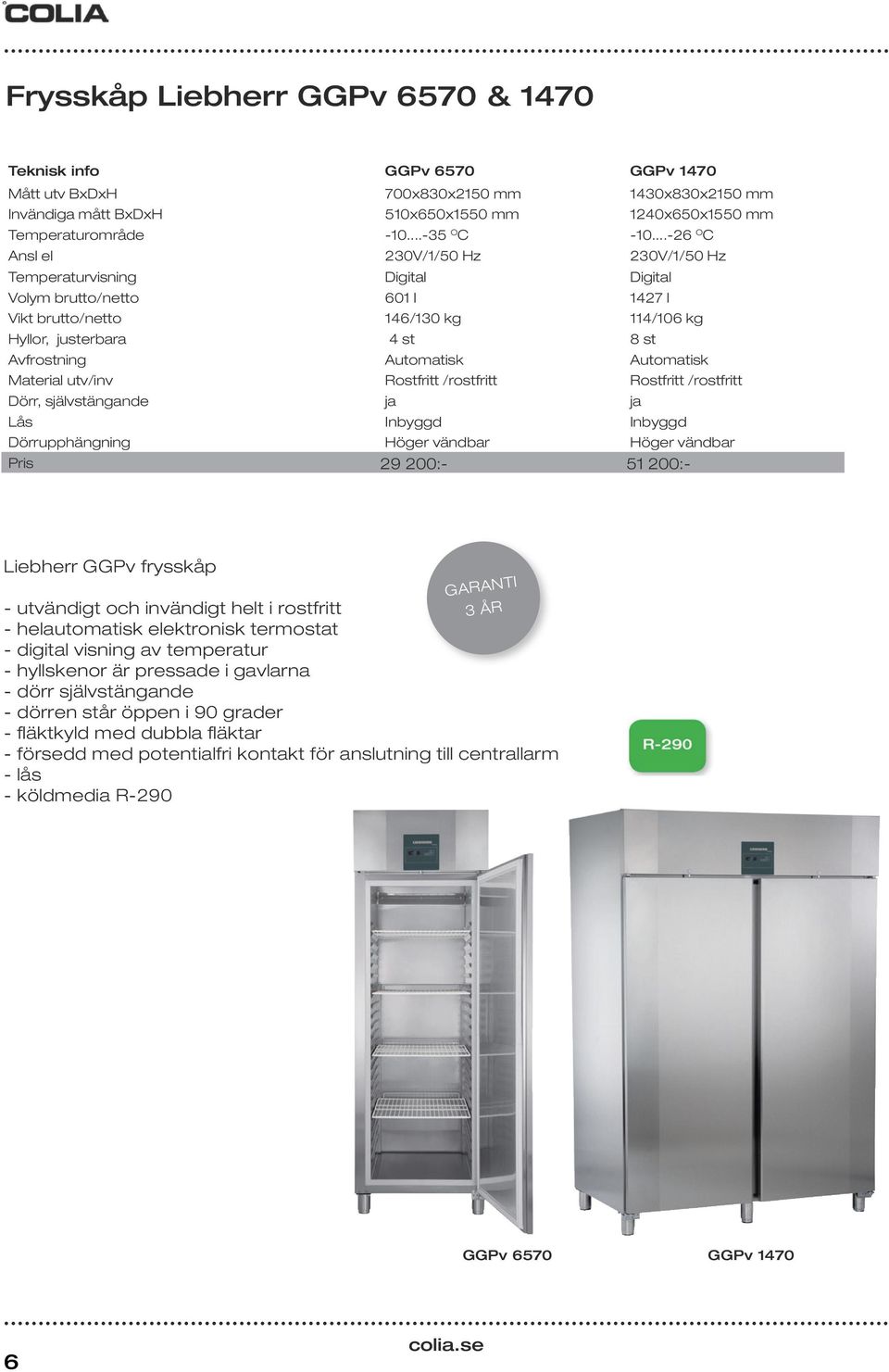 ..-26 O C Ansl el 230V/1/50 Hz 230V/1/50 Hz Temperaturvisning Digital Digital Volym brutto/netto 601 l 1427 l Vikt brutto/netto 146/130 kg 114/106 kg Hyllor, justerbara 4 st 8 st Avfrostning