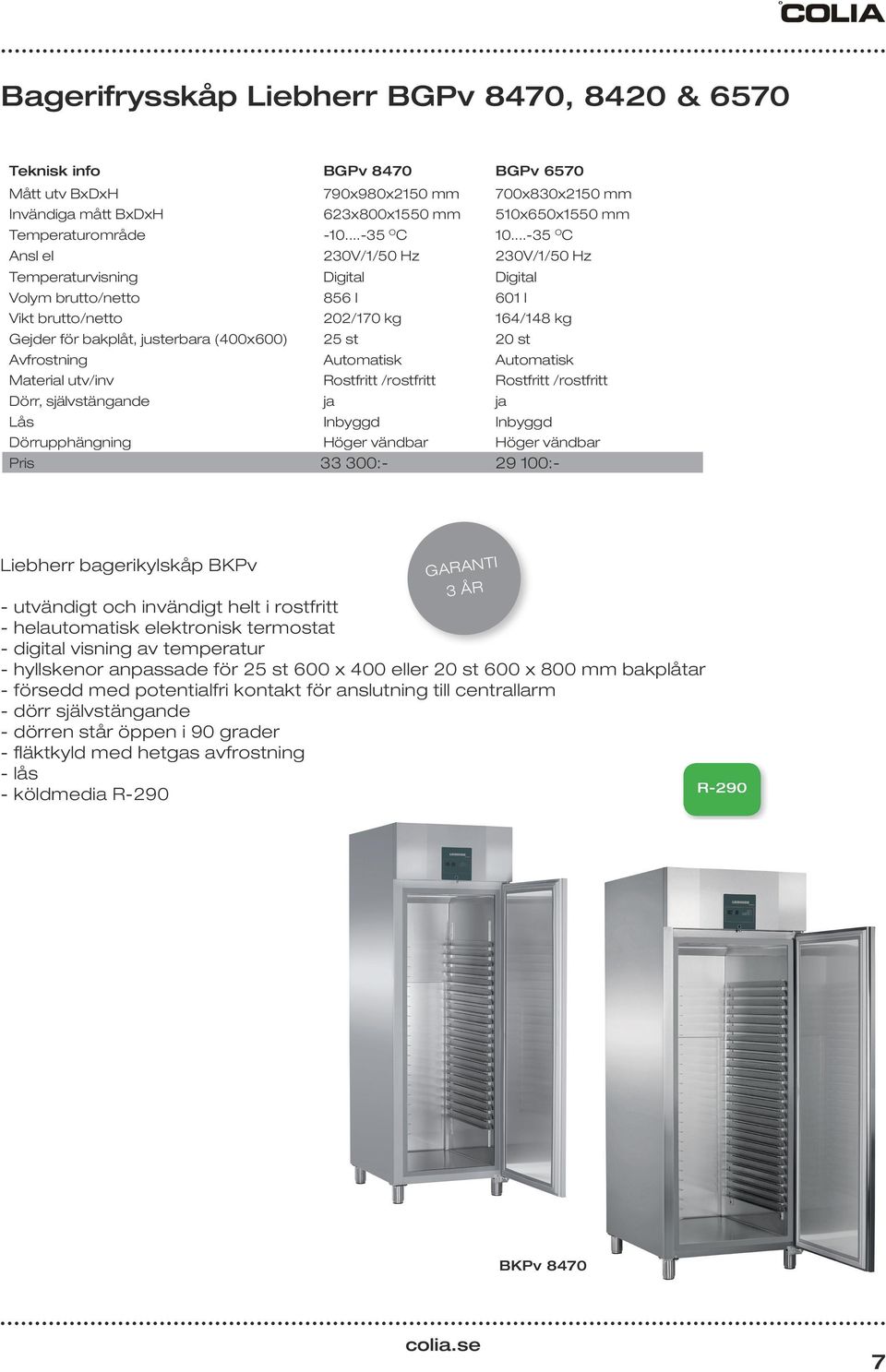 ..-35 O C Ansl el 230V/1/50 Hz 230V/1/50 Hz Temperaturvisning Digital Digital Volym brutto/netto 856 l 601 l Vikt brutto/netto 202/170 kg 164/148 kg Gejder för bakplåt, justerbara (400x600) 25 st 20