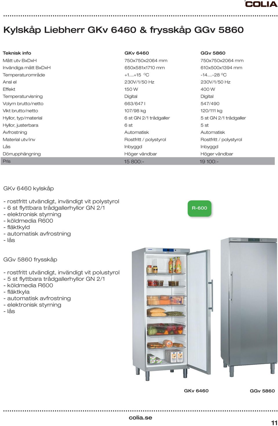 ..-28 O C Ansl el 230V/1/50 Hz 230V/1/50 Hz Effekt 150 W 400 W Temperaturvisning Digital Digital Volym brutto/netto 663/647 l 547/490 Vikt brutto/netto 107/98 kg 120/111 kg Hyllor, typ/material 6 st