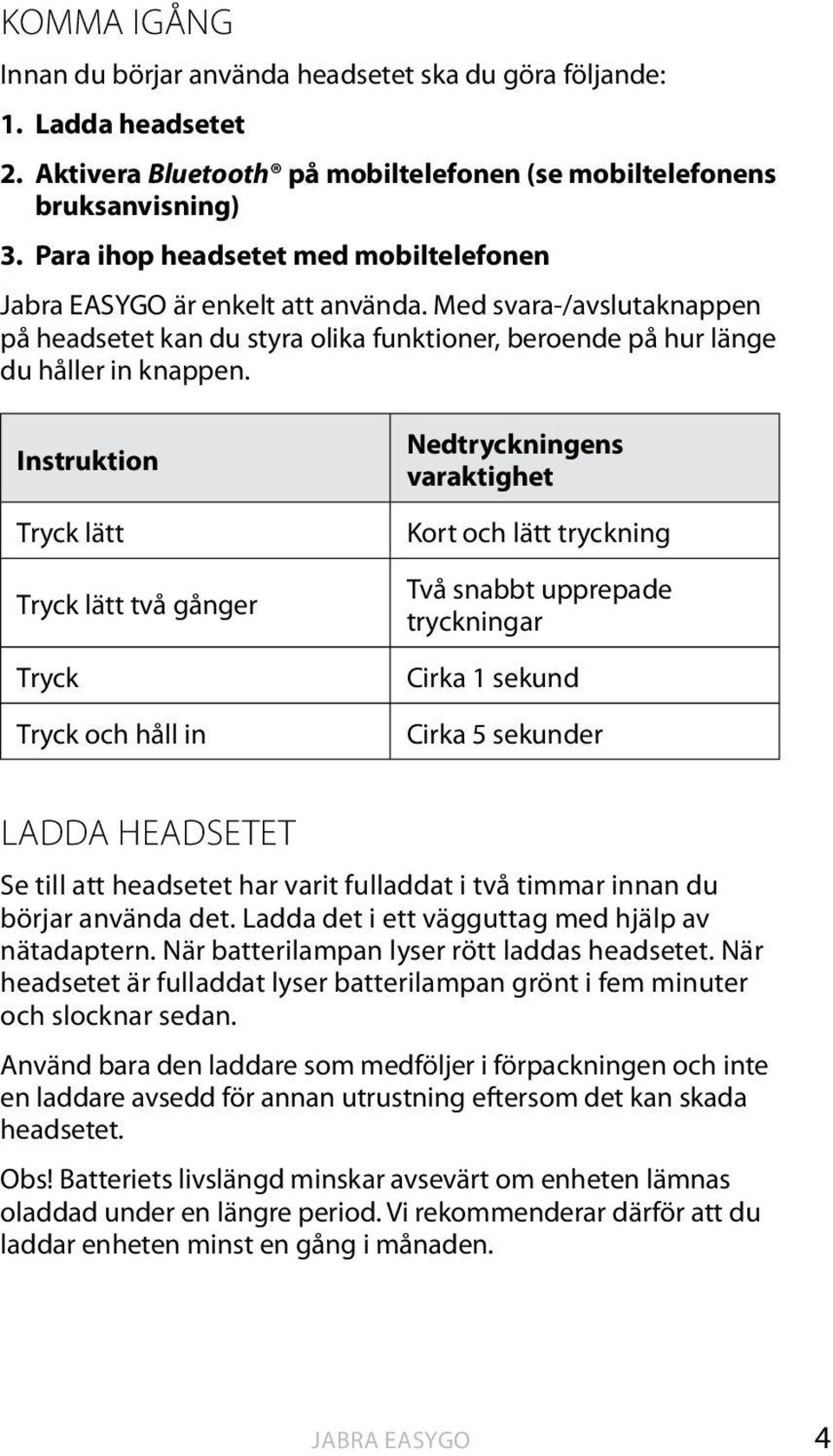 Instruktion Tryck lätt Tryck lätt två gånger Tryck Tryck och håll in Nedtryckningens varaktighet Kort och lätt tryckning Två snabbt upprepade tryckningar Cirka 1 sekund Cirka 5 sekunder LADDA