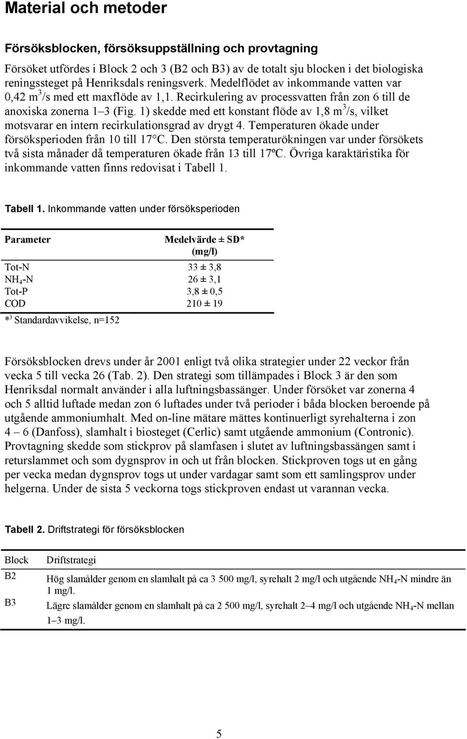 1) skedde med ett konstant flöde av 1,8 m 3 /s, vilket motsvarar en intern recirkulationsgrad av drygt 4. Temperaturen ökade under försöksperioden från 10 till 17 C.