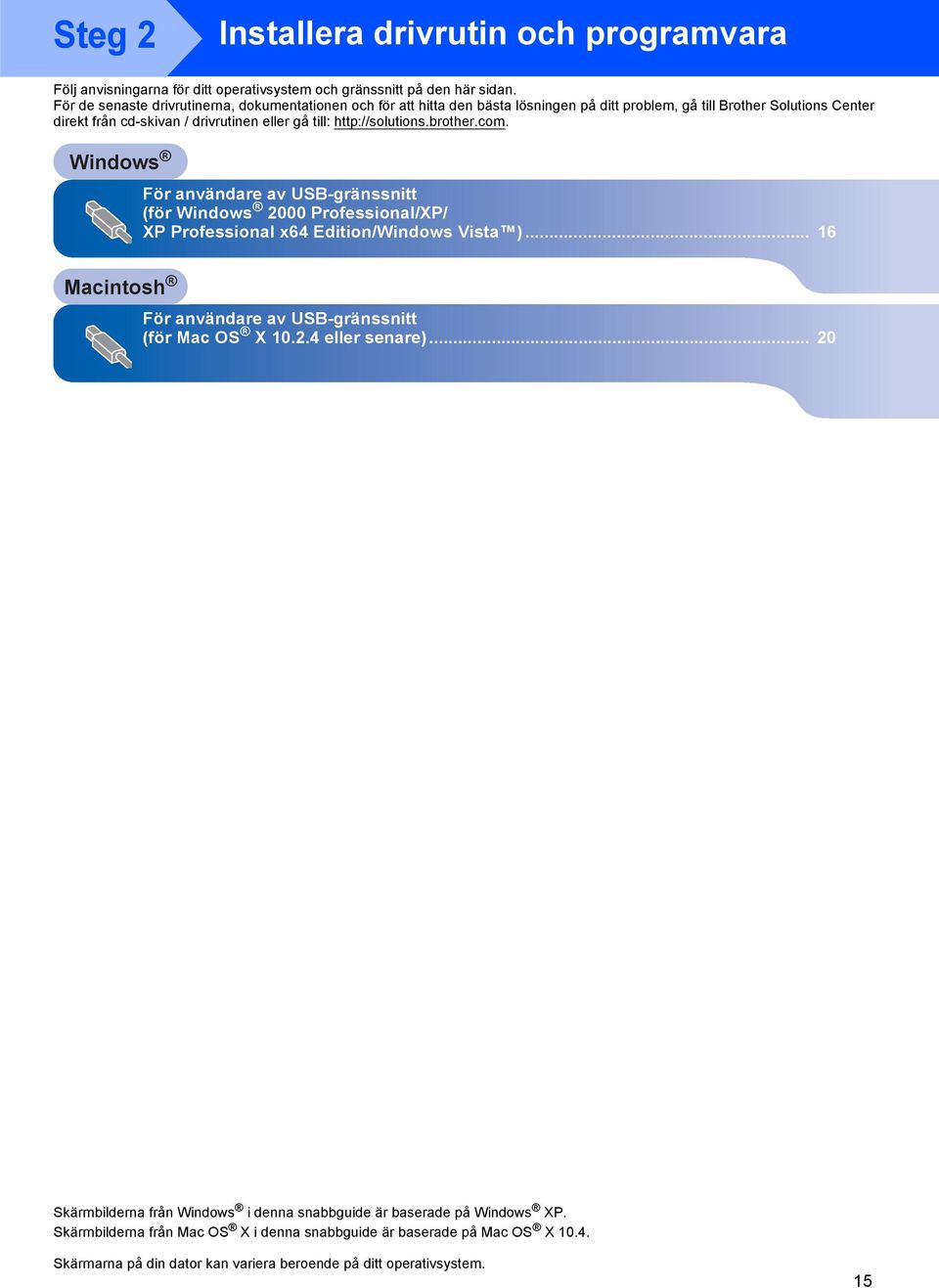 http://solutions.brother.com. Windows Macintosh För användare av USB-gränssnitt (för Windows 2000 Professional/XP/ XP Professional x64 Edition/Windows Vista ).
