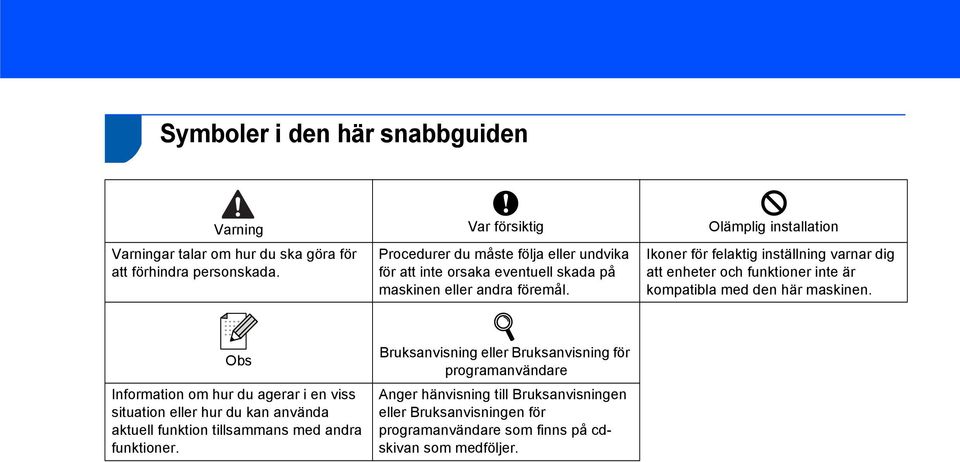Ikoner för felaktig inställning varnar dig att enheter och funktioner inte är kompatibla med den här maskinen.