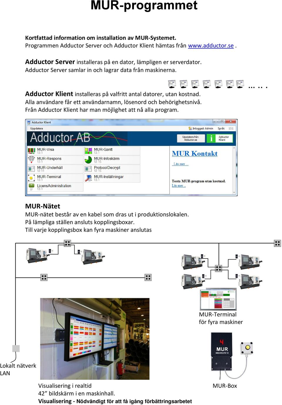 Alla användare får ett användarnamn, lösenord och behörighetsnivå. Från Adductor Klient har man möjlighet att nå alla program.... MUR-Nätet MUR-nätet består av en kabel som dras ut i produktionslokalen.