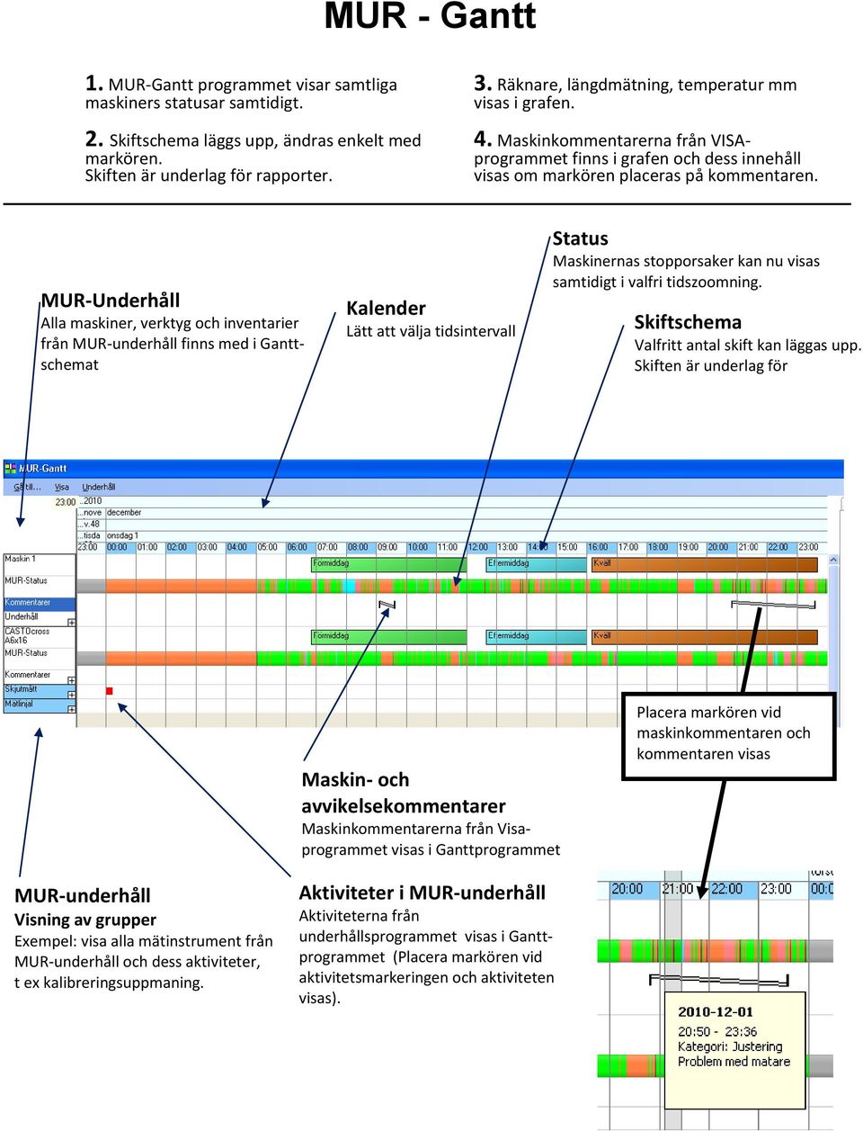 MUR-Underhåll Alla maskiner, verktyg och inventarier från MUR-underhåll finns med i Ganttschemat Kalender Lätt att välja tidsintervall Status Maskinernas stopporsaker kan nu visas samtidigt i valfri