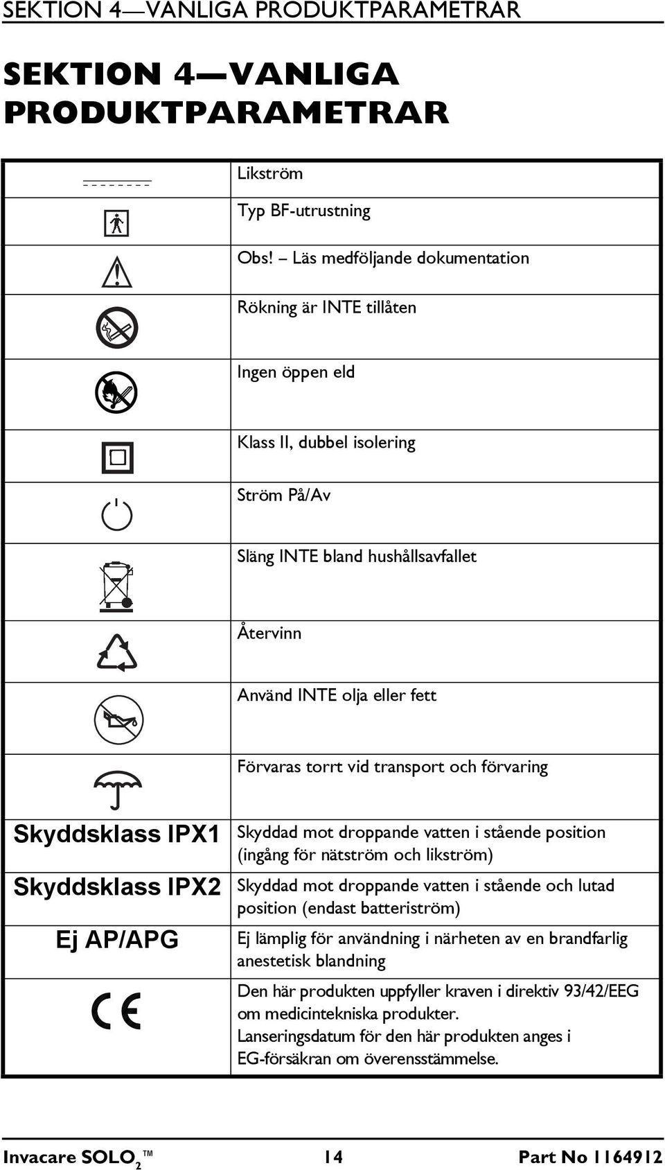 transport och förvaring Skyddsklass IPX1 Skyddad mot droppande vatten i stående position (ingång för nätström och likström) Skyddsklass IPX2 Skyddad mot droppande vatten i stående och lutad position