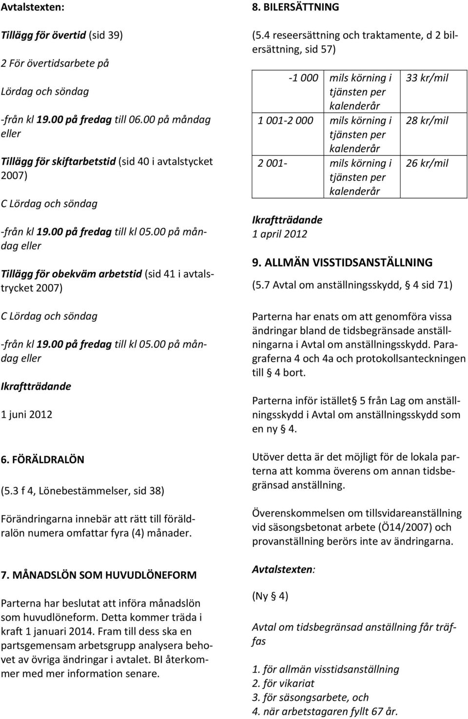 00 på måndag eller Tillägg för obekväm arbetstid (sid 41 i avtalstrycket 2007) C Lördag och söndag från kl 19.00 på fredag till kl 05.00 på måndag eller 1 juni 2012 6. FÖRÄLDRALÖN (5.