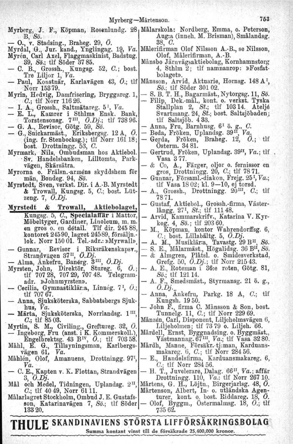Kornhamnstorg C B, Grossh, Kungsg 52, O; bost, 4, Sthlm 2; tif namnanrop :»Fosfat Tre Liljor 1, Va ' bolaget» Paul, Konstnär, Karlavägen 43, O; tlf Månsson, Arvid, Aktuarie, Hornsg 148 A t, ~Norr