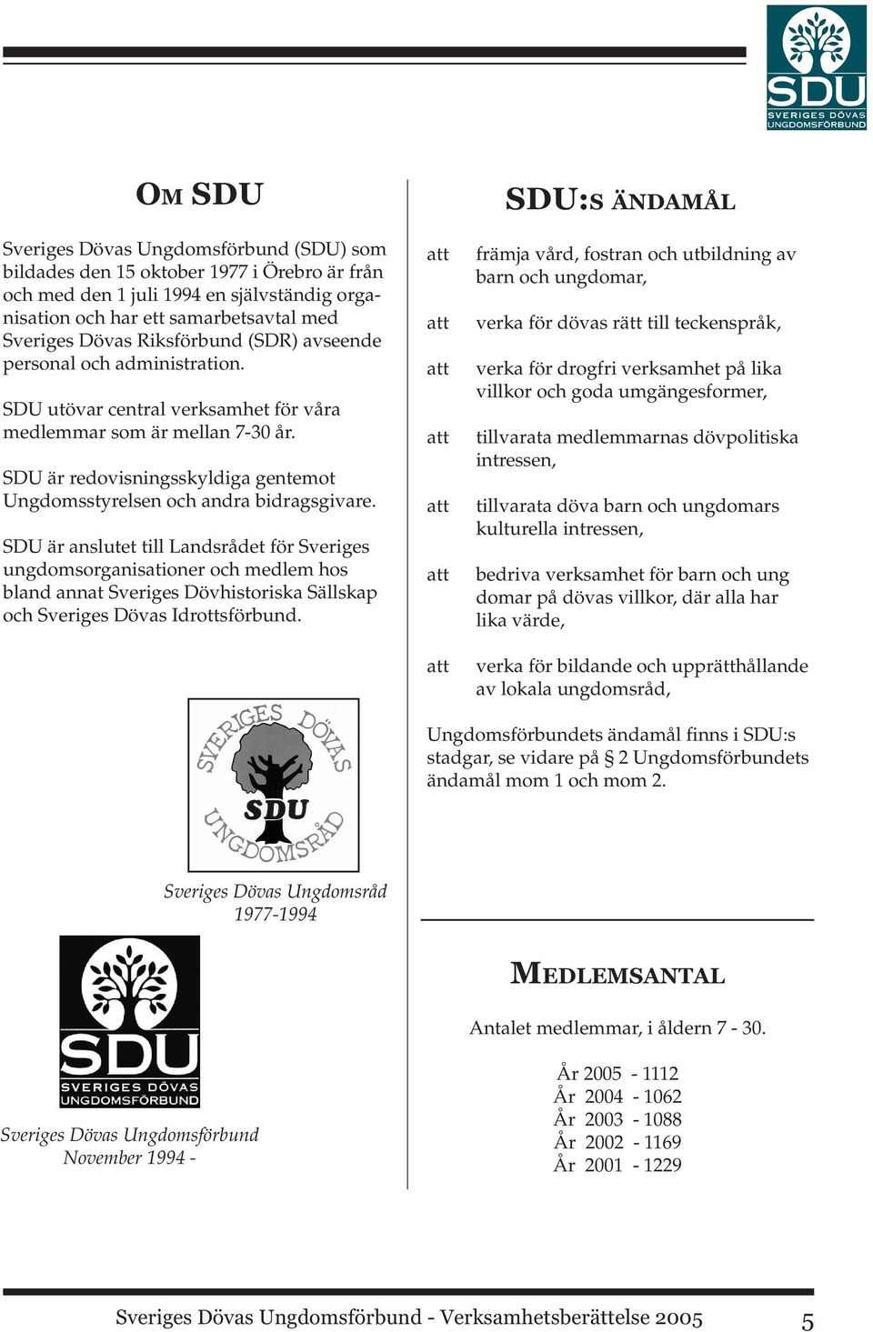 SDU:S ÄNDAMÅL att främja vård, fostran och utbildning av barn och ungdomar, att verka för dövas rätt till teckenspråk, att SDU utövar central verksamhet för våra medlemmar som är mellan 7-30 år.