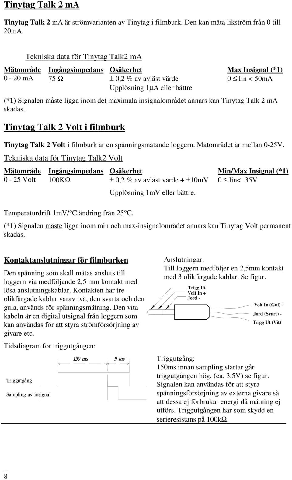 det maximala insignalområdet annars kan Tinytag Talk 2 ma skadas. Tinytag Talk 2 Volt i filmburk Tinytag Talk 2 Volt i filmburk är en spänningsmätande loggern. Mätområdet är mellan 0-25V.