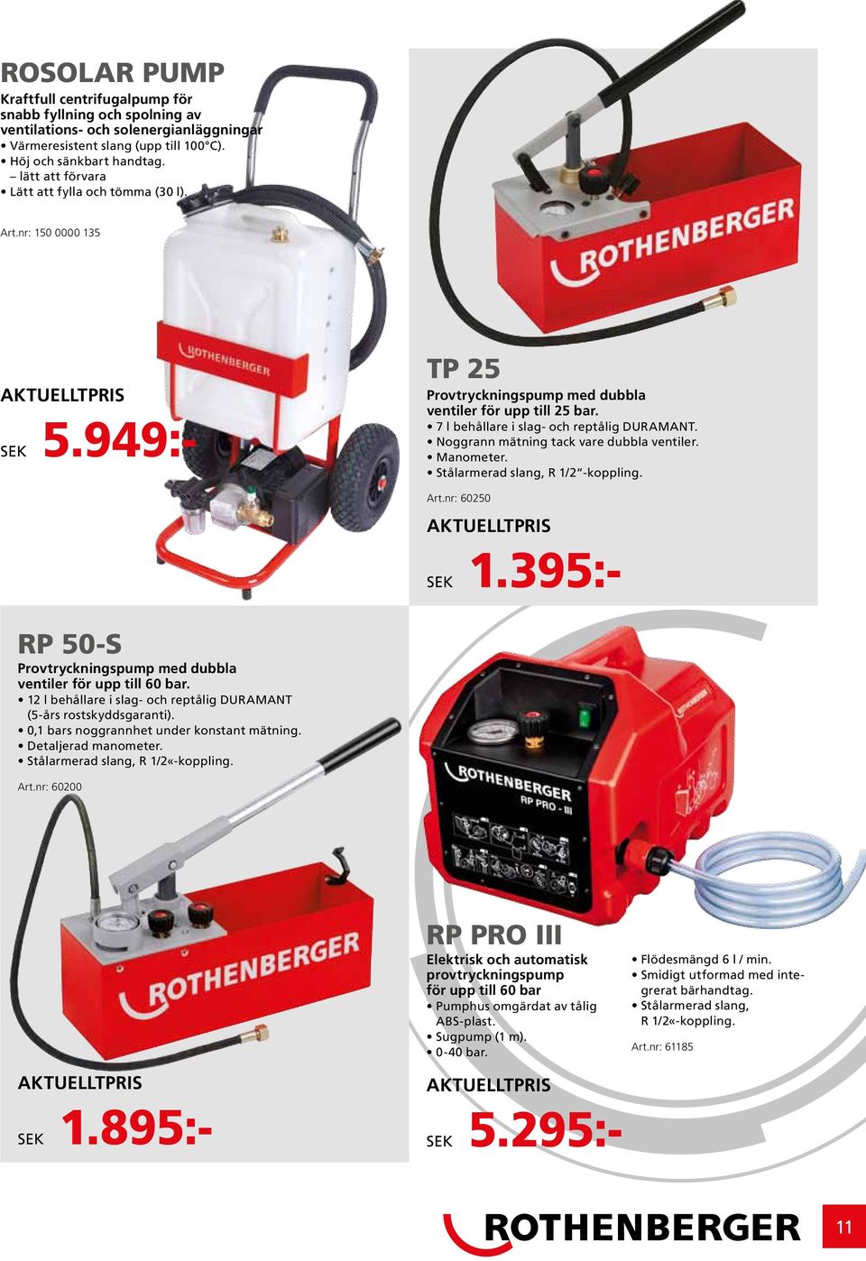 Noggrann mätnng tack vare dubbla ventler. Manometer. Stålarmerad slang, R 1/2 -kopplng. Art.nr: 60250 SEK 1.395:- RP 50-S Provtrycknngspump med dubbla ventler för upp tll 60 bar.