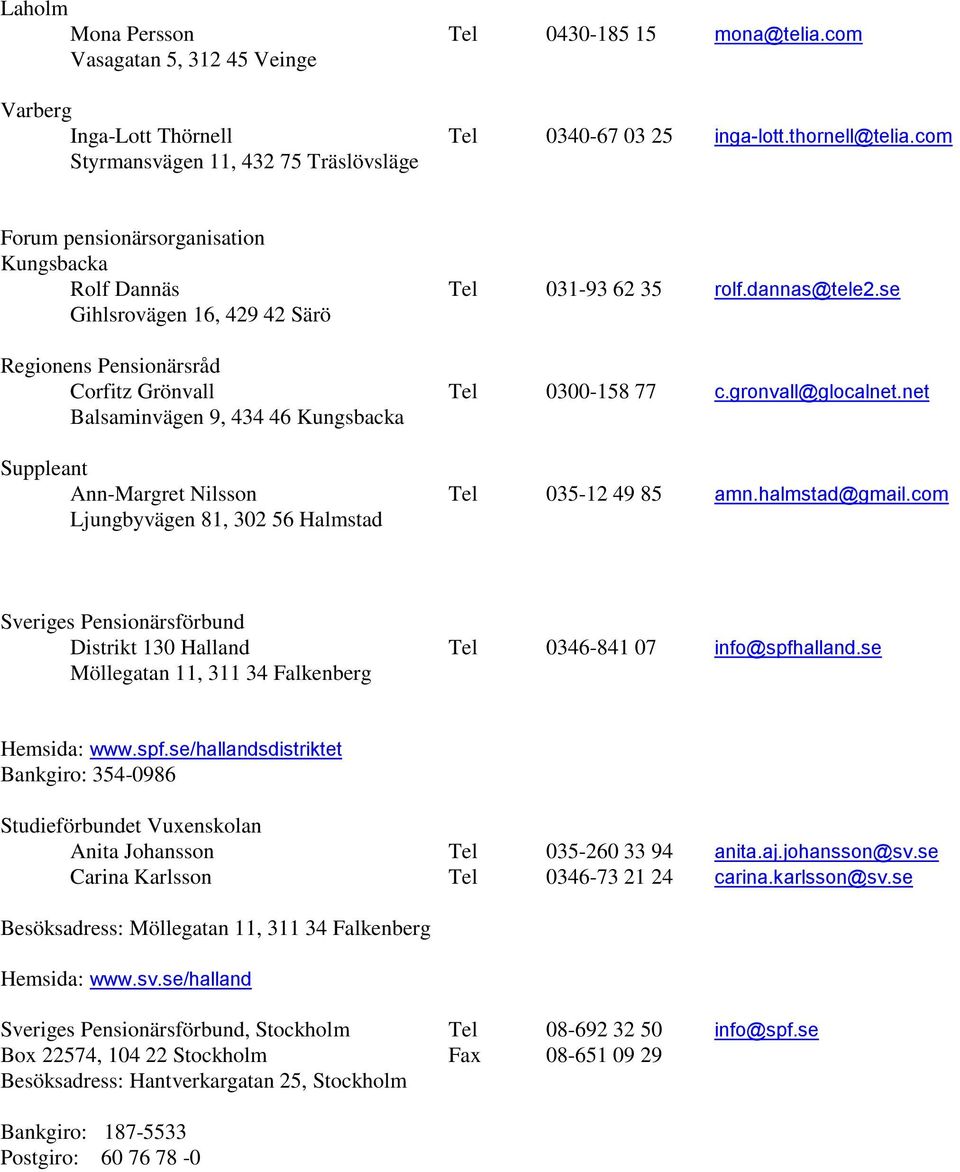 se Gihlsrovägen 16, 429 42 Särö Regionens Pensionärsråd Corfitz Grönvall Tel 0300-158 77 c.gronvall@glocalnet.net Balsaminvägen 9, 434 46 Kungsbacka Suppleant Ann-Margret Nilsson Tel 035-12 49 85 amn.