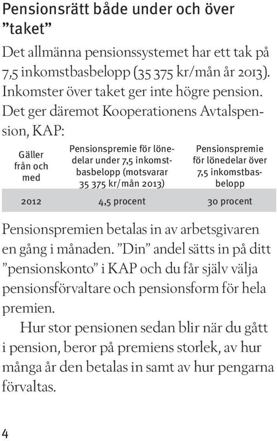 över 7,5 inkomstbasbelopp 2012 4,5 procent 30 procent Pensionspremien betalas in av arbetsgivaren en gång i månaden.