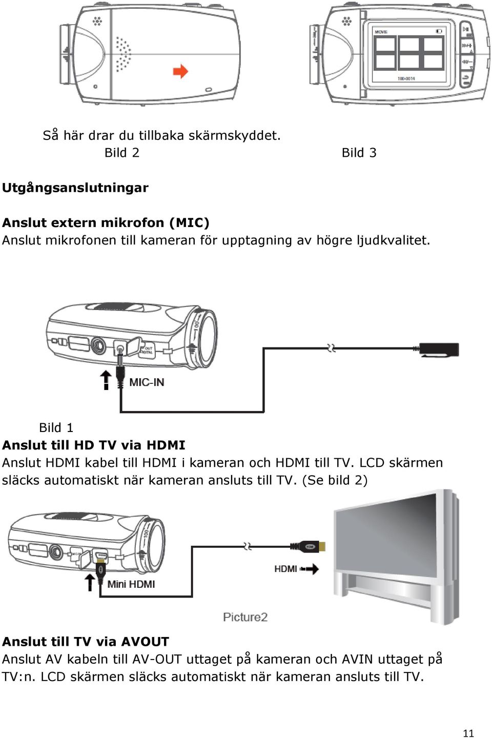 ljudkvalitet. Bild 1 Anslut till HD TV via HDMI Anslut HDMI kabel till HDMI i kameran och HDMI till TV.