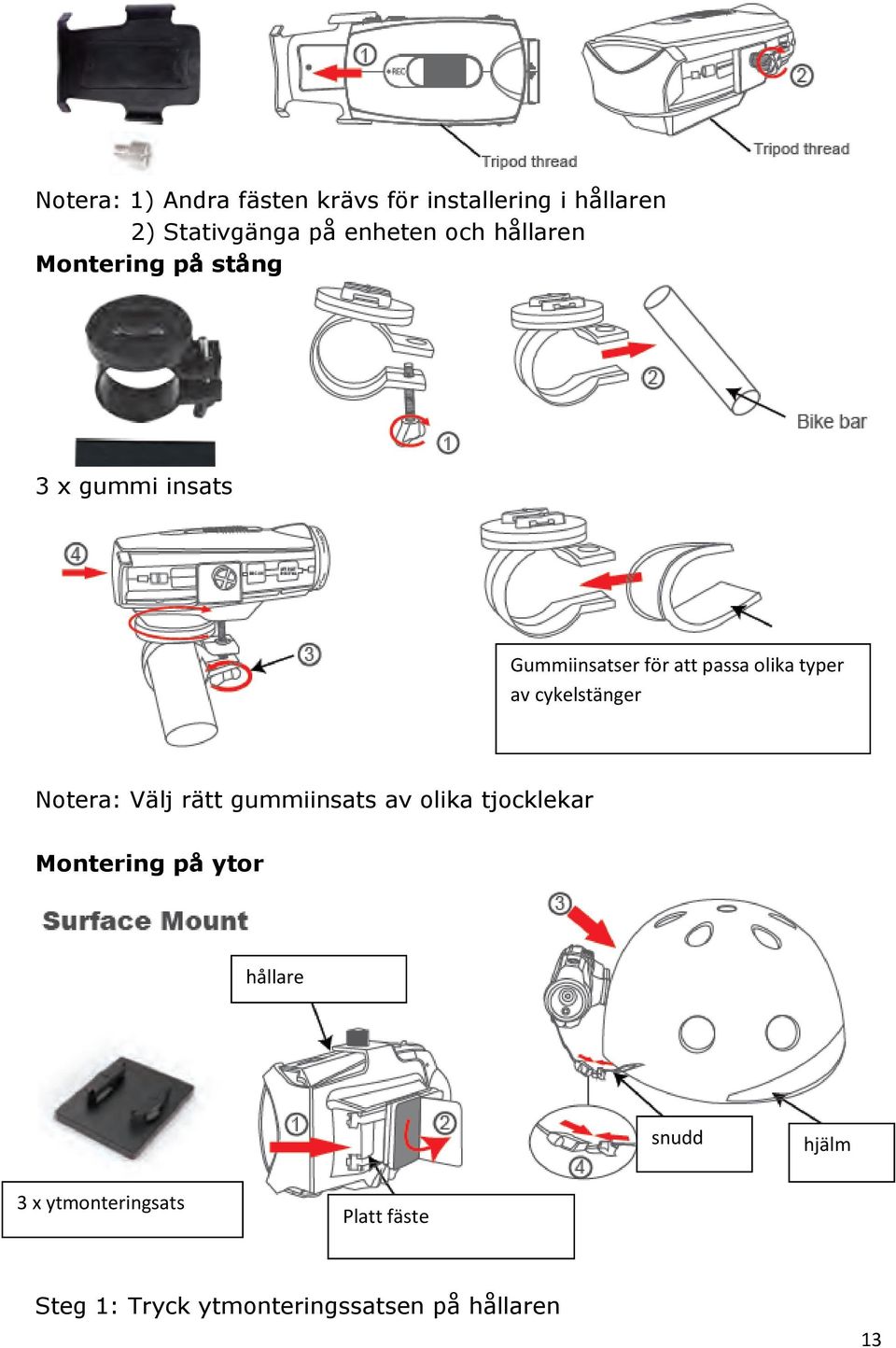 cykelstänger Notera: Välj rätt gummiinsats av olika tjocklekar Montering på ytor hållare