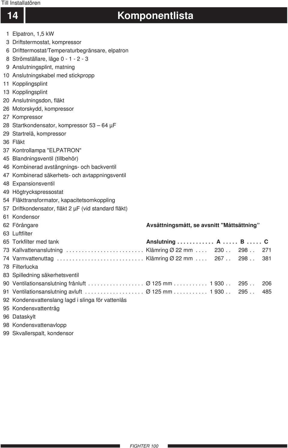 "ELPATRON" 45 Blandningsventil (tillbehör) 46 Kombinerad avstängnings- och backventil 47 Kombinerad säkerhets- och avtappningsventil 48 Expansionsventil 49 Högtryckspressostat 54 Fläkttransformator,