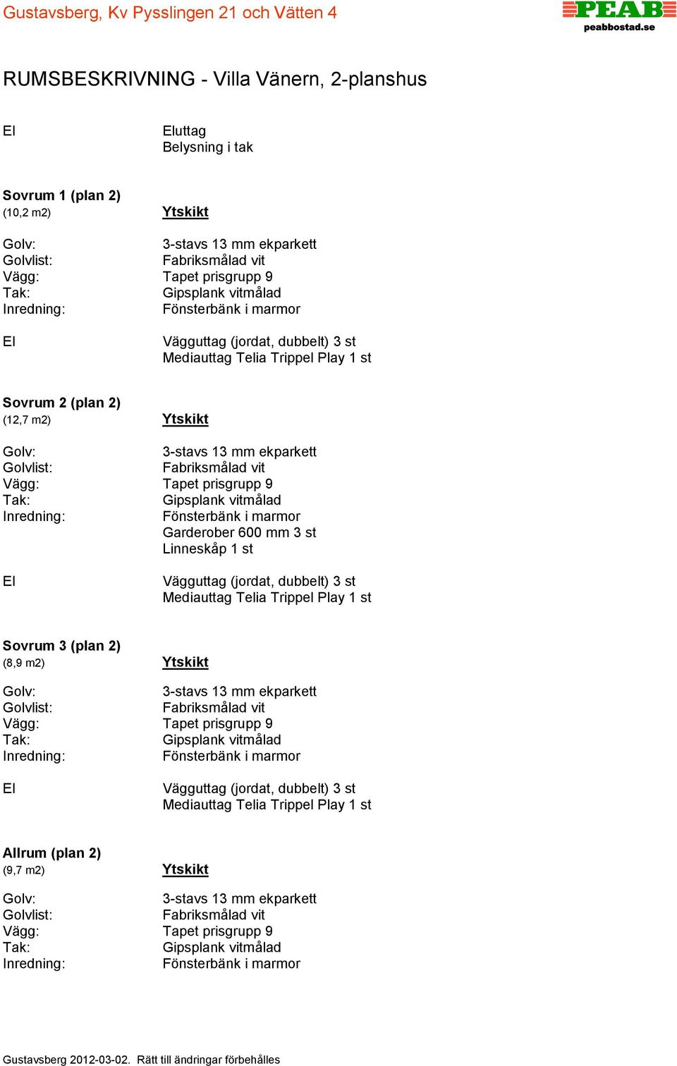 Garderober 600 mm 3 st Linneskåp 1 st Sovrum 3 (plan 2) (8,9