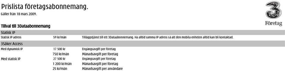 3Säker Access Med dynamisk IP 17 500 kr Engångsavgift per företag 750 kr/mån Månadsavgift per företag