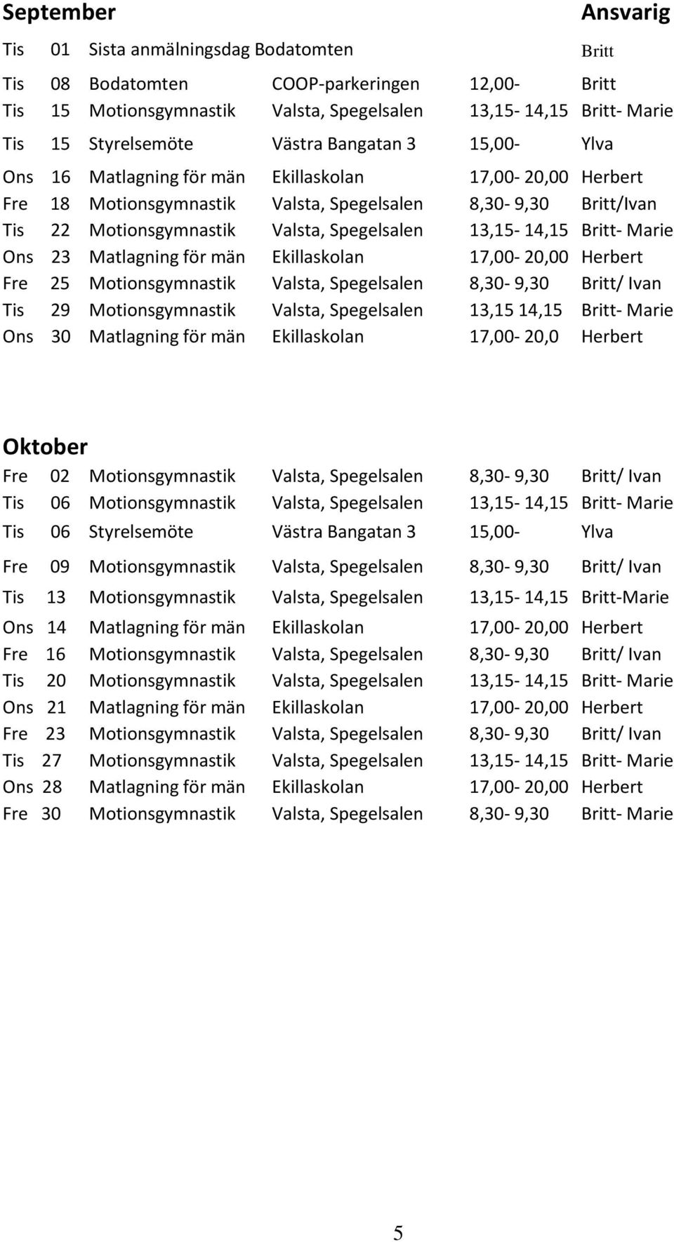 13,15-14,15 Britt- Marie Ons 23 Matlagning för män Ekillaskolan 17,00-20,00 Herbert Fre 25 Motionsgymnastik Valsta, Spegelsalen 8,30-9,30 Britt/ Ivan Tis 29 Motionsgymnastik Valsta, Spegelsalen 13,15
