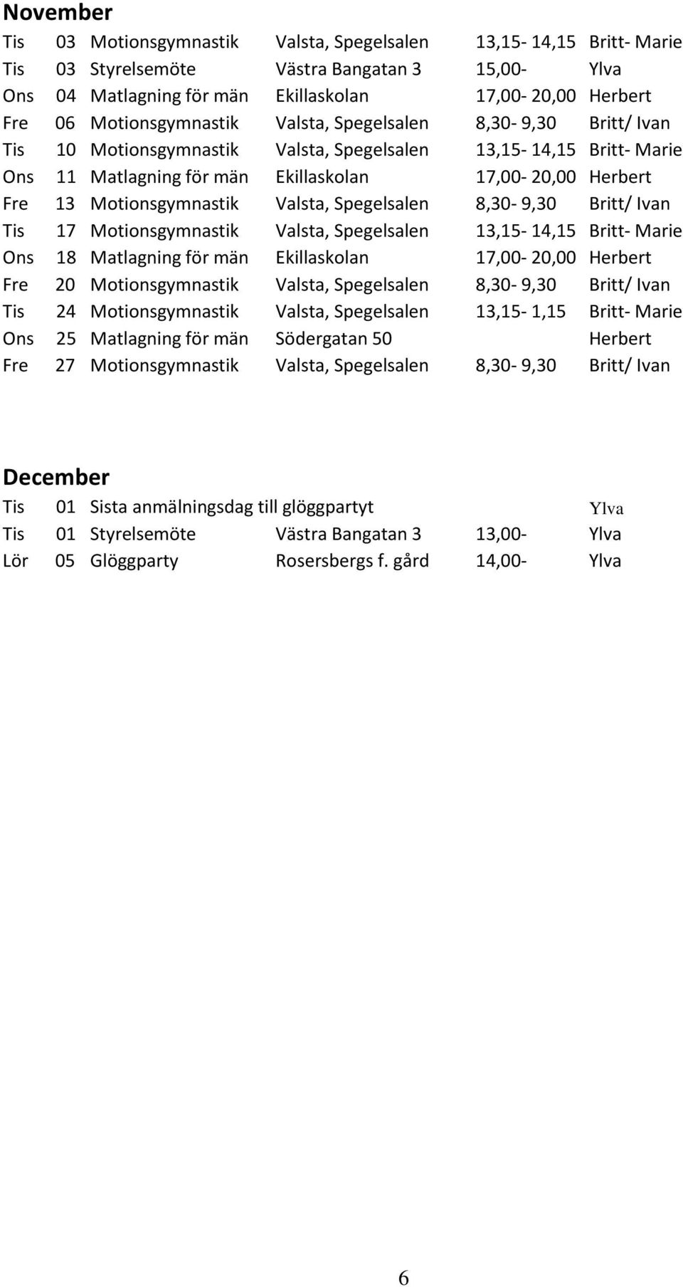 Motionsgymnastik Valsta, Spegelsalen 8,30-9,30 Britt/ Ivan Tis 17 Motionsgymnastik Valsta, Spegelsalen 13,15-14,15 Britt- Marie Ons 18 Matlagning för män Ekillaskolan 17,00-20,00 Herbert Fre 20