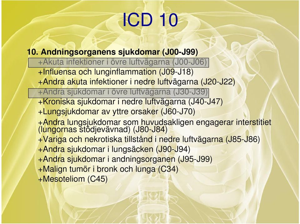 nedre luftvägarna (J20-J22) +Andra sjukdomar i övre luftvägarna (J30-J39) +Kroniska sjukdomar i nedre luftvägarna (J40-J47) +Lungsjukdomar av yttre orsaker