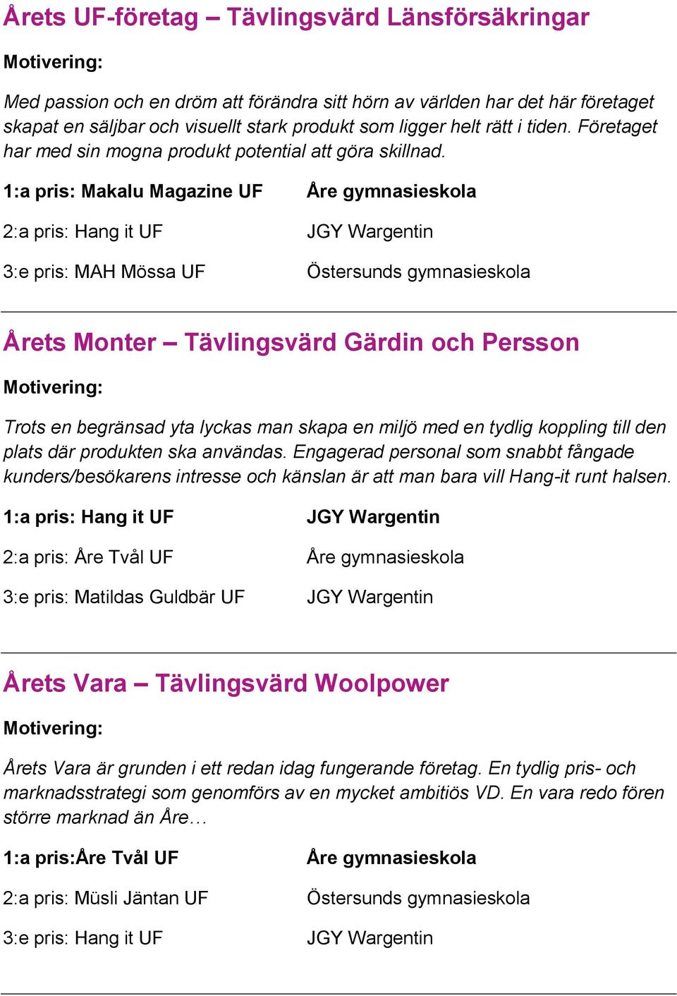 1:a pris: Makalu Magazine UF Åre gymnasieskola 2:a pris: Hang it UF JGY Wargentin 3:e pris: MAH Mössa UF Östersunds gymnasieskola Årets Monter Tävlingsvärd Gärdin och Persson Trots en begränsad yta