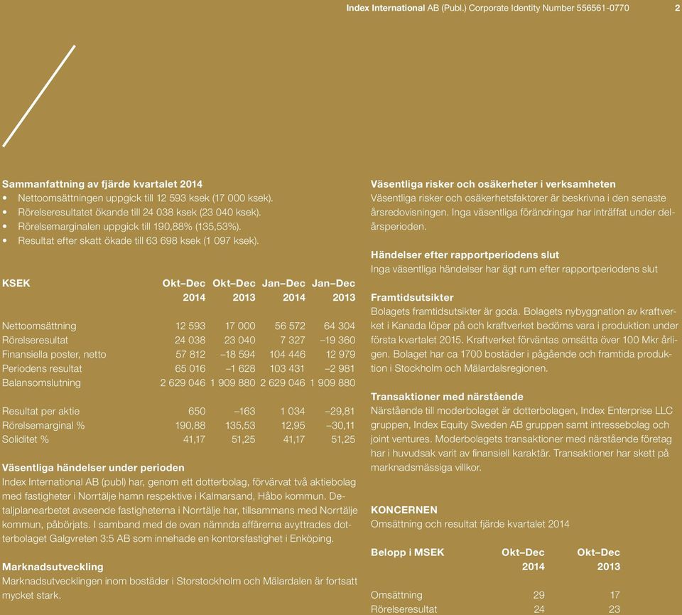 KSEK Okt Dec Okt Dec Jan Dec Jan Dec 2014 2013 2014 2013 Nettoomsättning 12 593 17 000 56 572 64 304 Rörelseresultat 24 038 23 040 7 327 19 360 Finansiella poster, netto 57 812 18 594 104 446 12 979