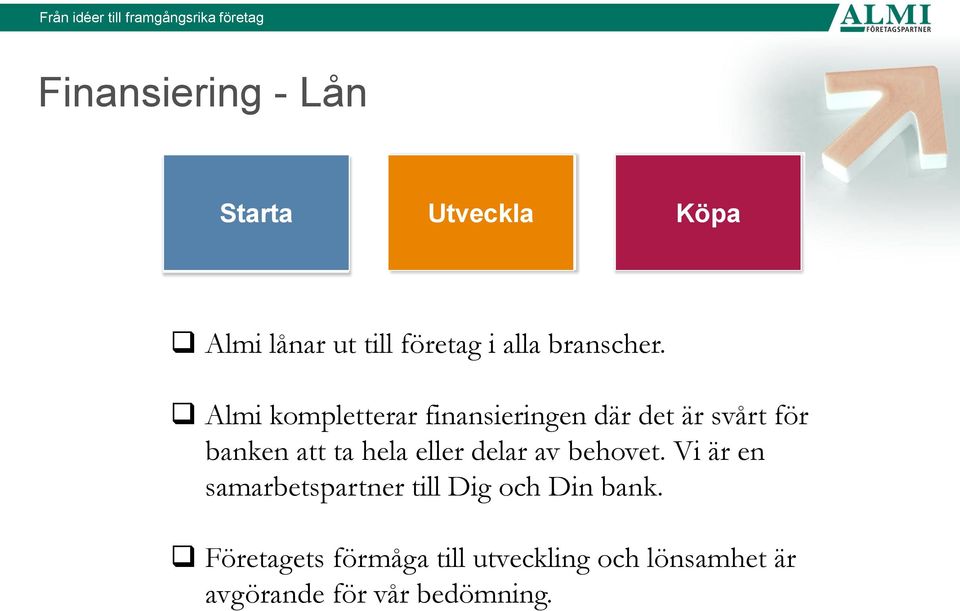 Almi kompletterar finansieringen där det är svårt för banken att ta hela