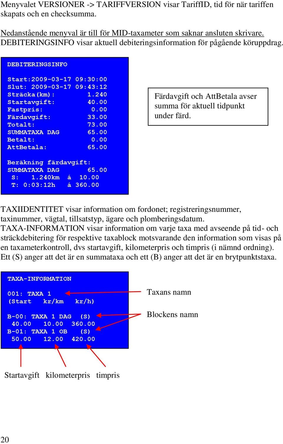 00 Färdavgift: 33.00 Totalt: 73.00 SUMMATAXA DAG 65.00 Betalt: 0.00 AttBetala: 65.00 Färdavgift och AttBetala avser summa för aktuell tidpunkt under färd. Beräkning färdavgift: SUMMATAXA DAG 65.