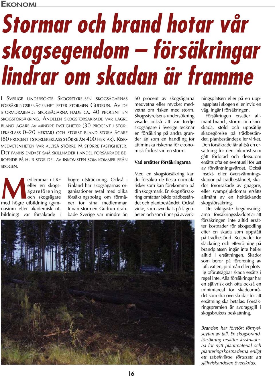 ANDELEN SKOGSFÖRSÄKRADE VAR LÄGRE BLAND ÄGARE AV MINDRE FASTIGHETER (30 PROCENT I STOR- LEKSKLASS 0 20 HEKTAR) OCH STÖRST BLAND STORA ÄGARE (80 PROCENT I STORLEKSKLASS STÖRRE ÄN 400 HEKTAR).