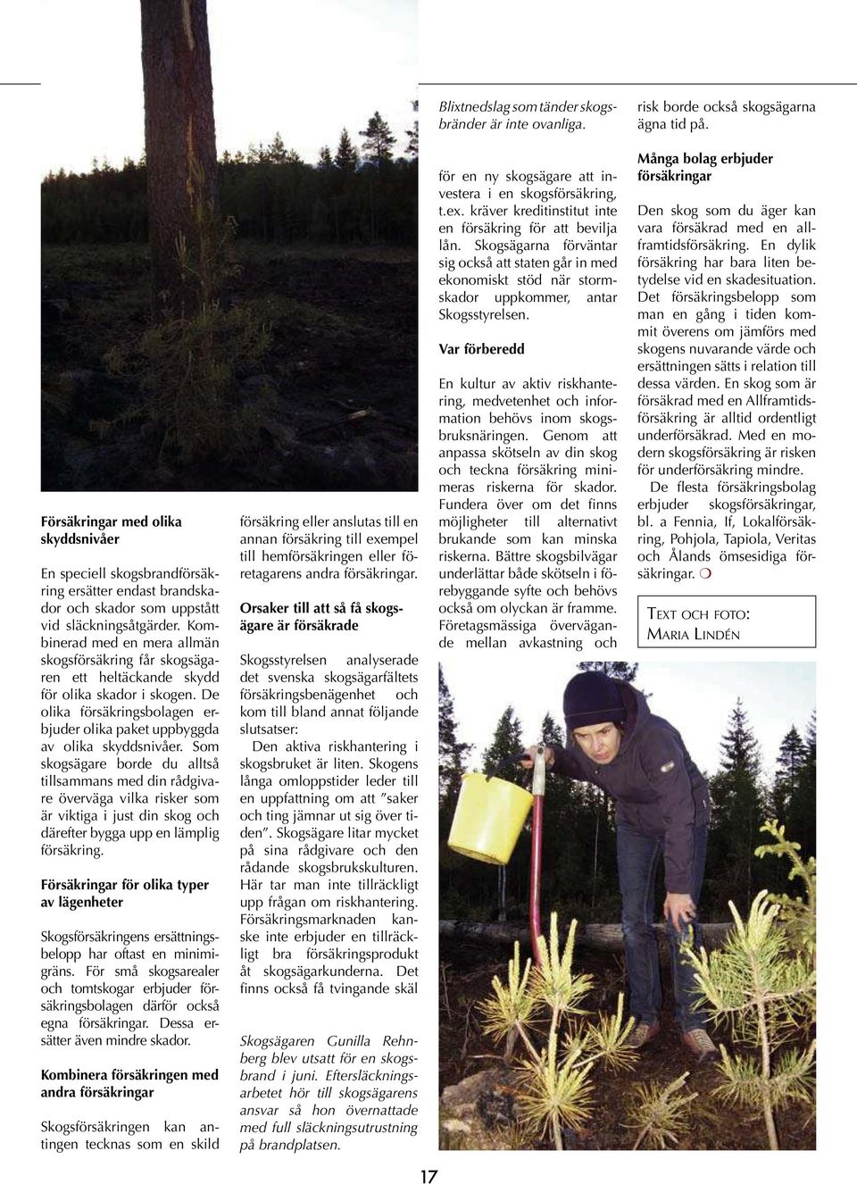 Kombinerad med en mera allmän skogsförsäkring får skogsägaren ett heltäckande skydd för olika skador i skogen. De olika försäkringsbolagen erbjuder olika paket uppbyggda av olika skyddsnivåer.