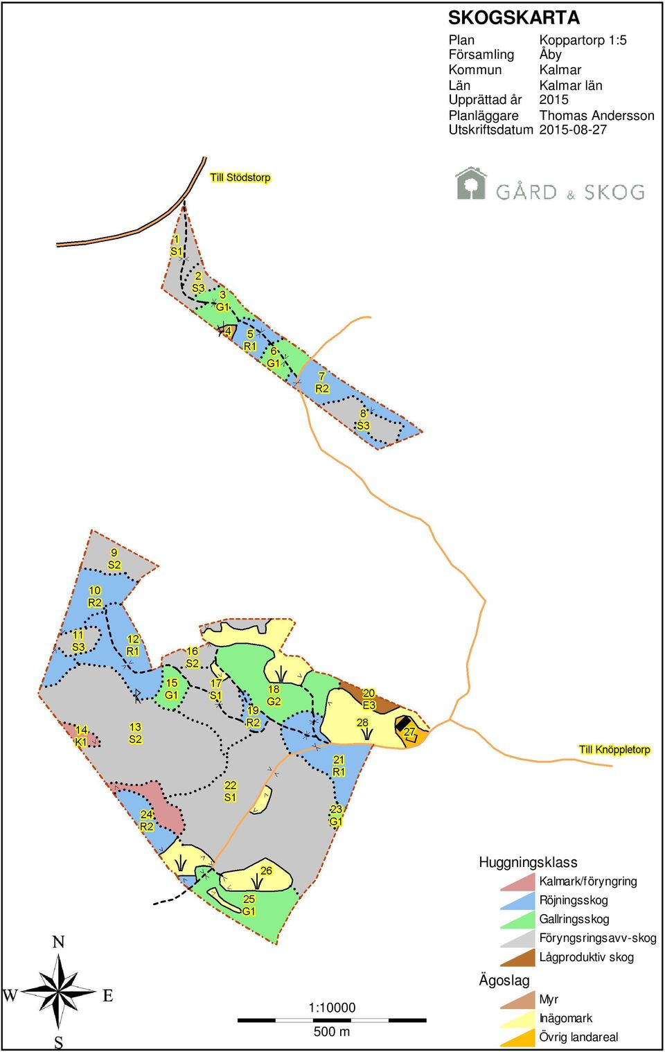1:10000 500 m Huggningsklass Kalmark/föryngring Ägoslag Röjningsskog