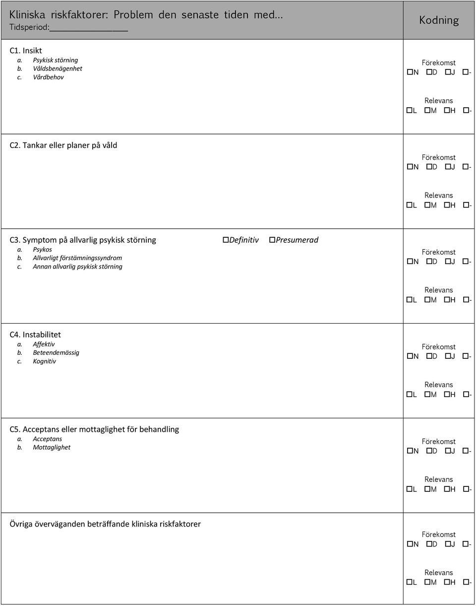 Allvarligt förstämningssyndrom c. Annan allvarlig psykisk störning C4. Instabilitet a. Affektiv b. Beteendemässig c.