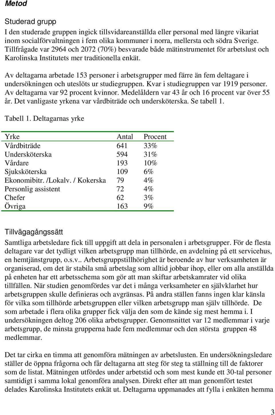 Av deltagarna arbetade 153 personer i arbetsgrupper med färre än fem deltagare i undersökningen och uteslöts ur studiegruppen. Kvar i studiegruppen var 1919 personer.
