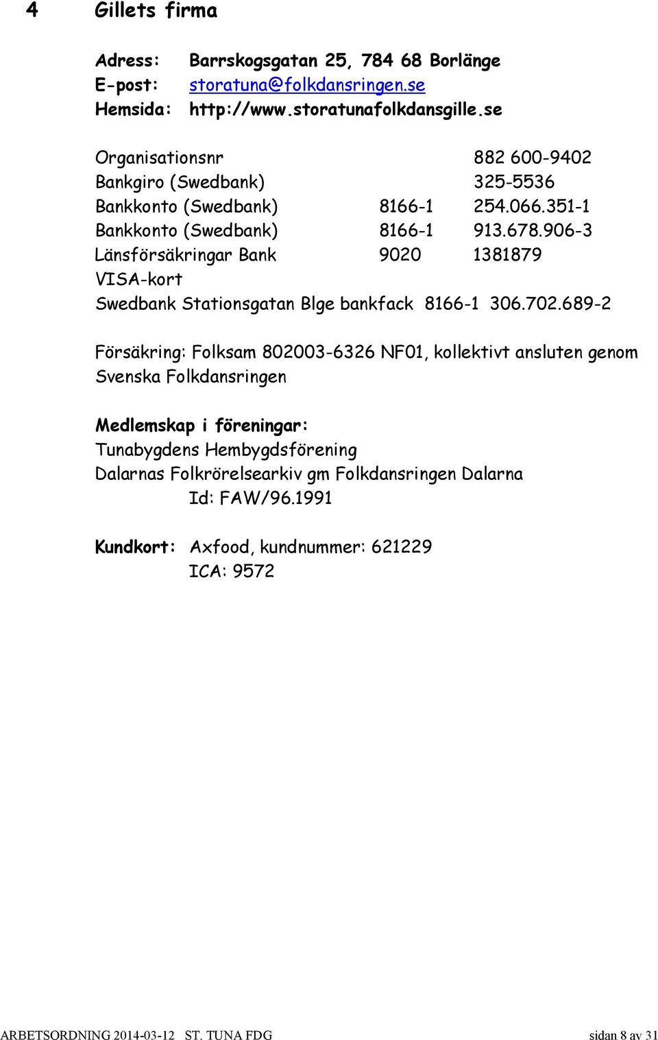 906-3 Länsförsäkringar Bank 9020 1381879 VISA-kort Swedbank Stationsgatan Blge bankfack 8166-1 306.702.