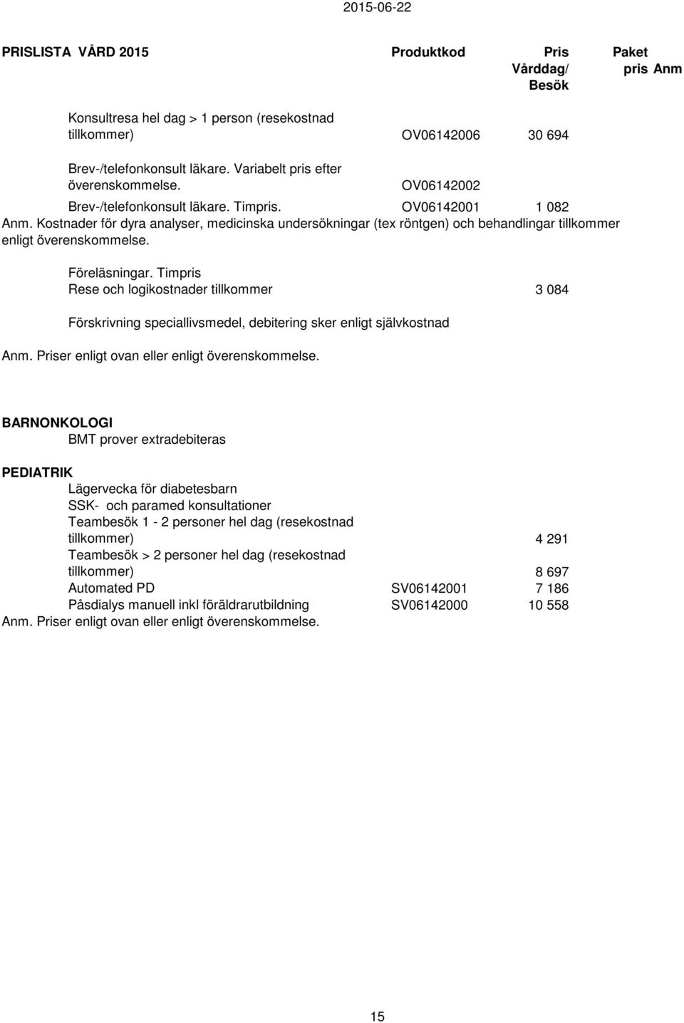 Timpris Rese och logikostnader tillkommer 3 084 Förskrivning speciallivsmedel, debitering sker enligt självkostnad Anm. Priser enligt ovan eller enligt överenskommelse.