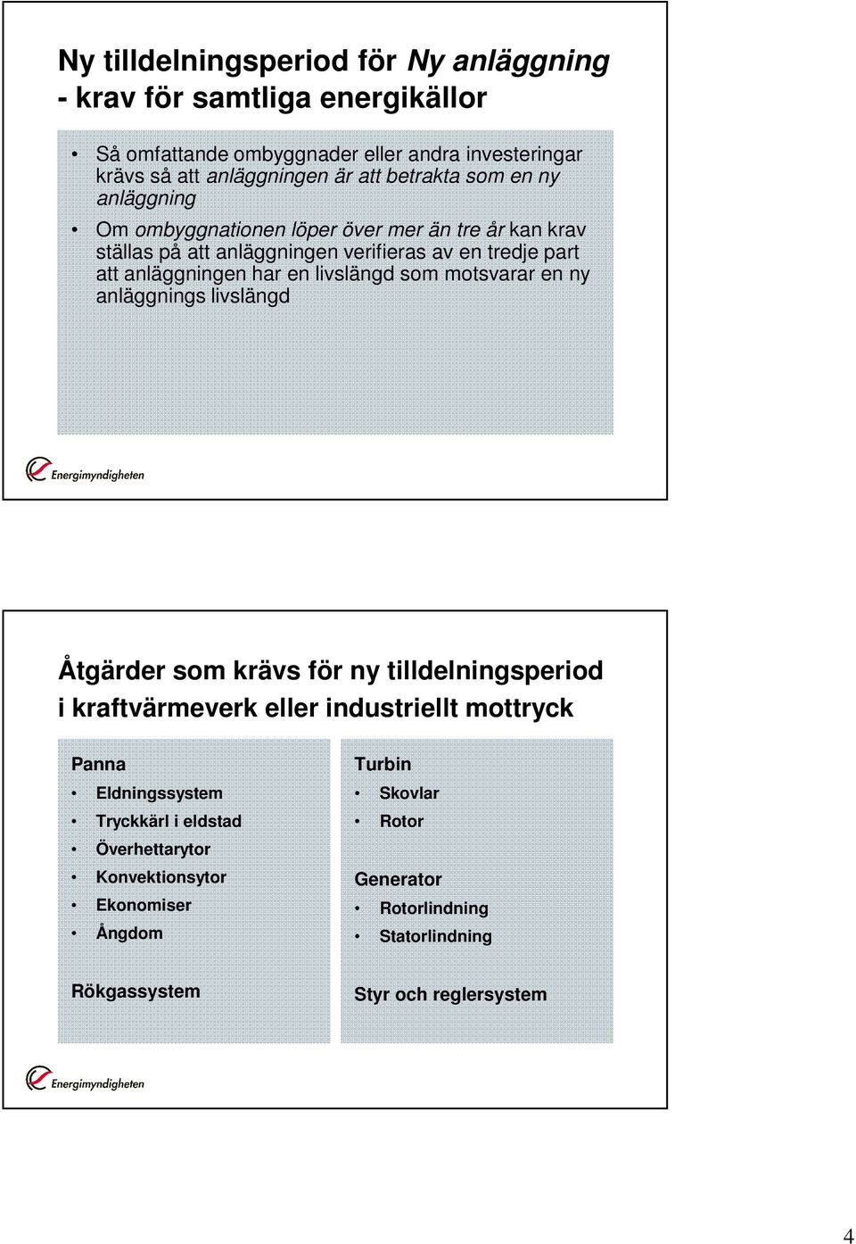 livslängd som motsvarar en ny anläggnings livslängd Åtgärder som krävs för ny tilldelningsperiod i kraftvärmeverk eller industriellt mottryck Panna Eldningssystem