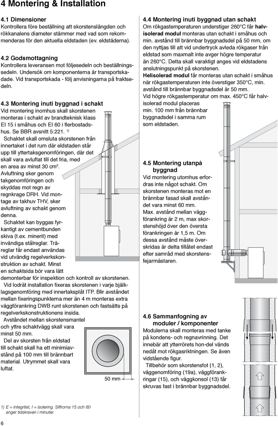 3 Montering inuti byggnad i schakt Vid montering inomhus skall skorstenen monteras i schakt av brandteknisk klass EI 15 i småhus och EI 60 i flerbostadshus. Se BBR avsnitt 5:221.