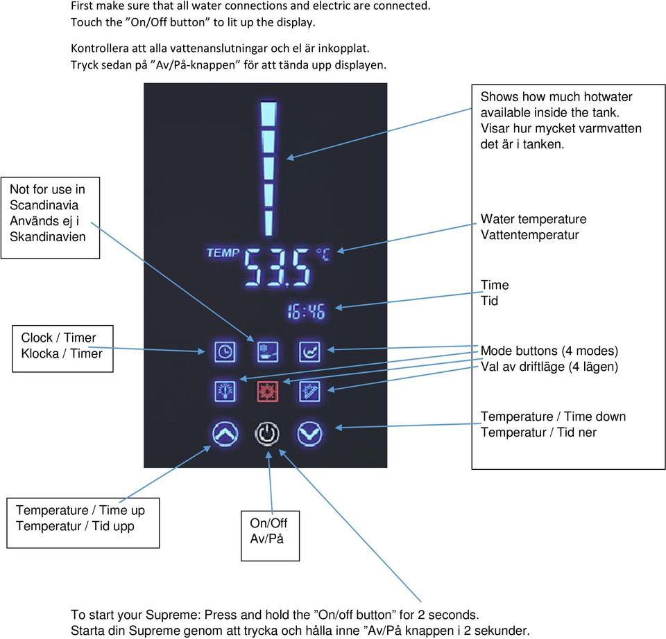 Not for use in Scandinavia Används ej i Skandinavien Water temperature Vattentemperatur Time Tid Clock / Timer Klocka / Timer Mode buttons (4 modes) Val av driftläge (4 lägen) Temperature /