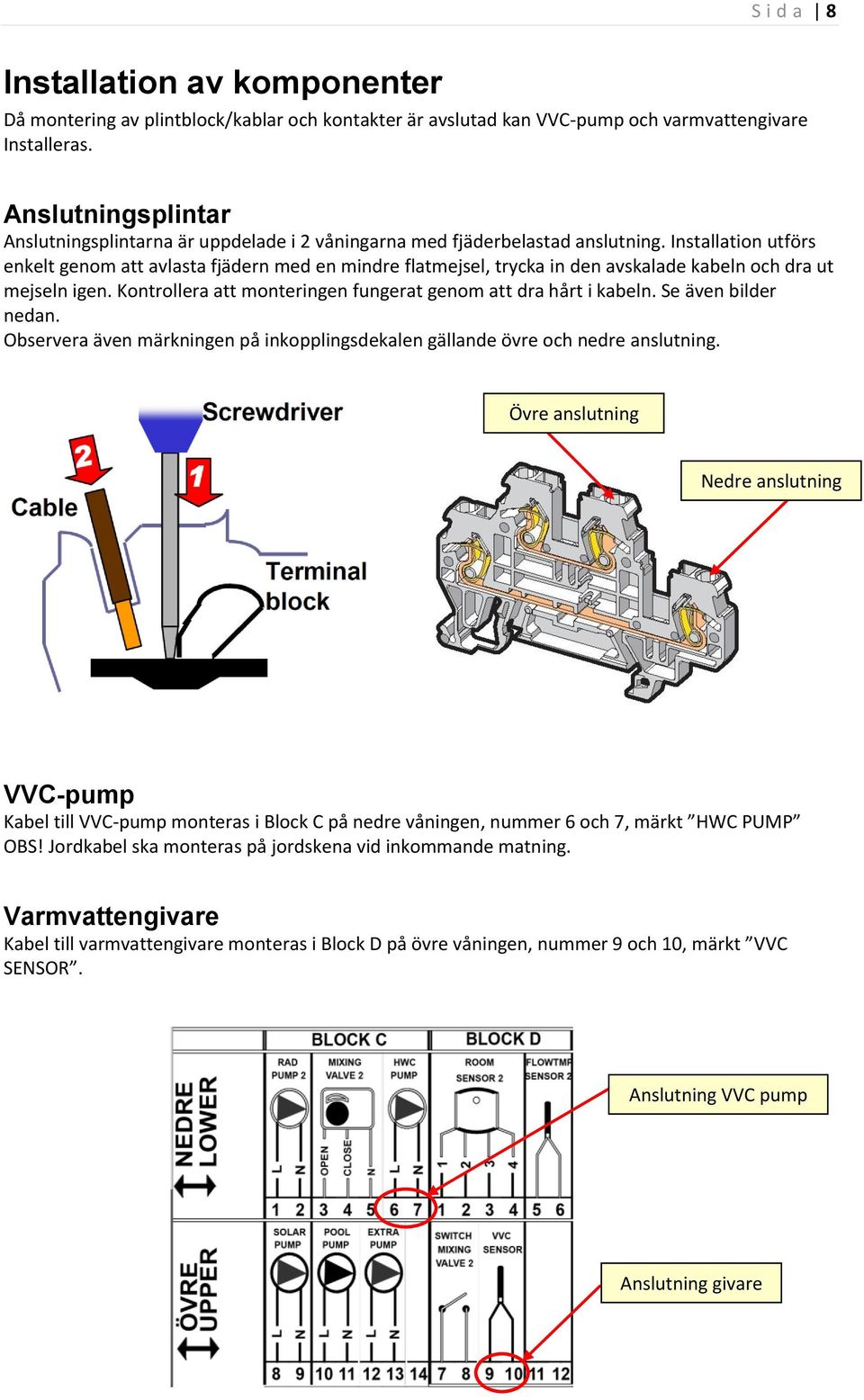 Installation utförs enkelt genom att avlasta fjädern med en mindre flatmejsel, trycka in den avskalade kabeln och dra ut mejseln igen. Kontrollera att monteringen fungerat genom att dra hårt i kabeln.