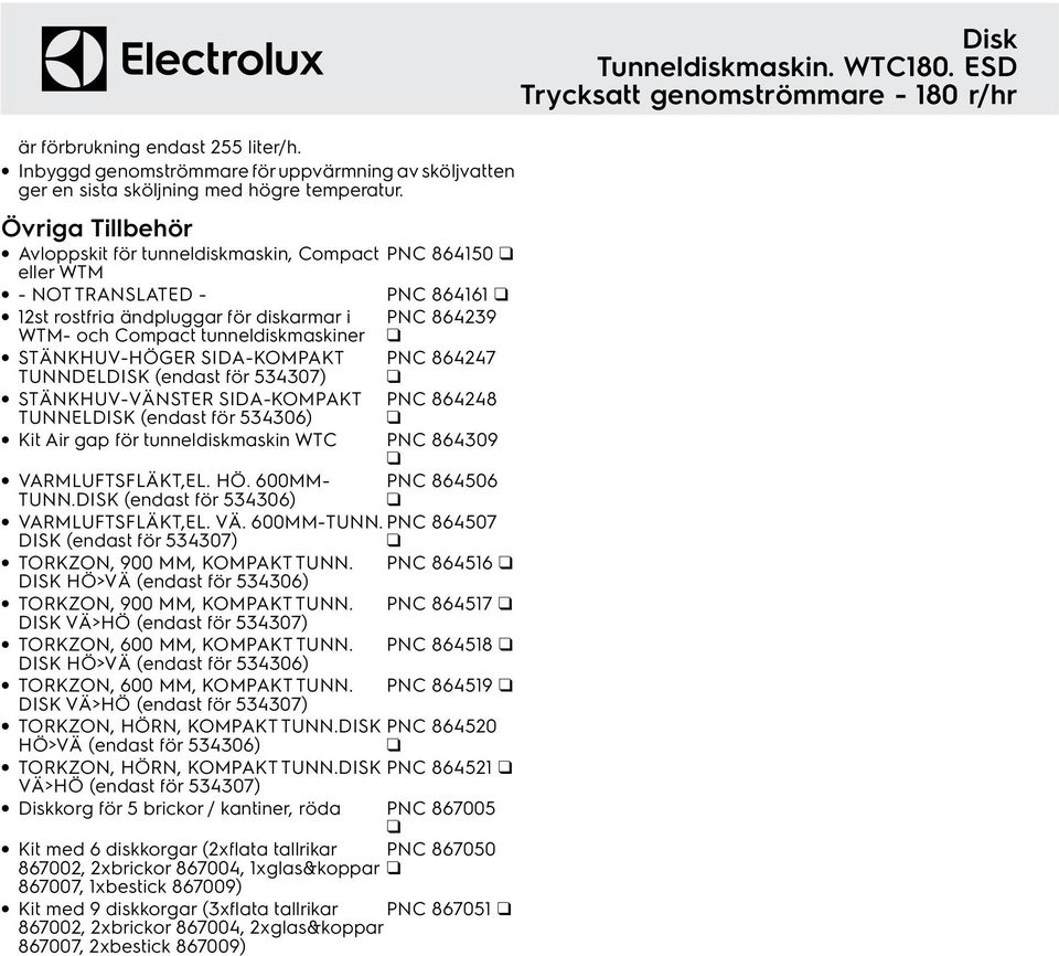 STÄNKHUV-HÖGER SIDA-KOMPAKT PNC 864247 TUNNDELDISK (endast för 534307) STÄNKHUV-VÄNSTER SIDA-KOMPAKT PNC 864248 TUNNELDISK (endast för 534306) Kit Air gap för tunneldiskmaskin WTC PNC 864309