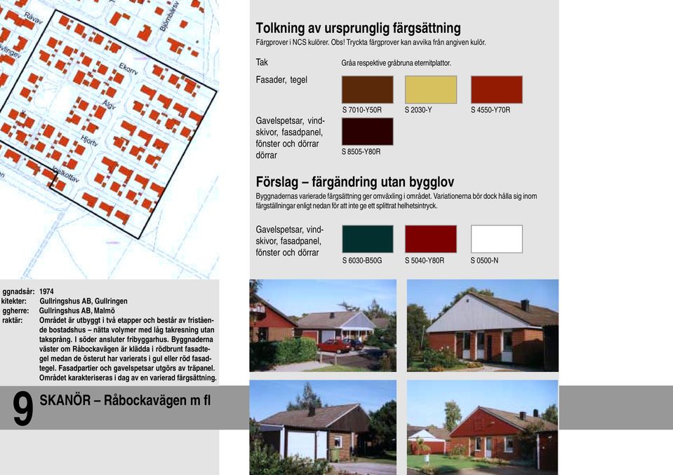 Gavelspetsar, vindskivor, fasadpanel, fönster och S 6030-B50G S 5040-Y80R S 0500-N ggnadsår: 1974 kitekter: Gullringshus AB, Gullringen ggherre: Gullringshus AB, Malmö raktär: Området är utbyggt i