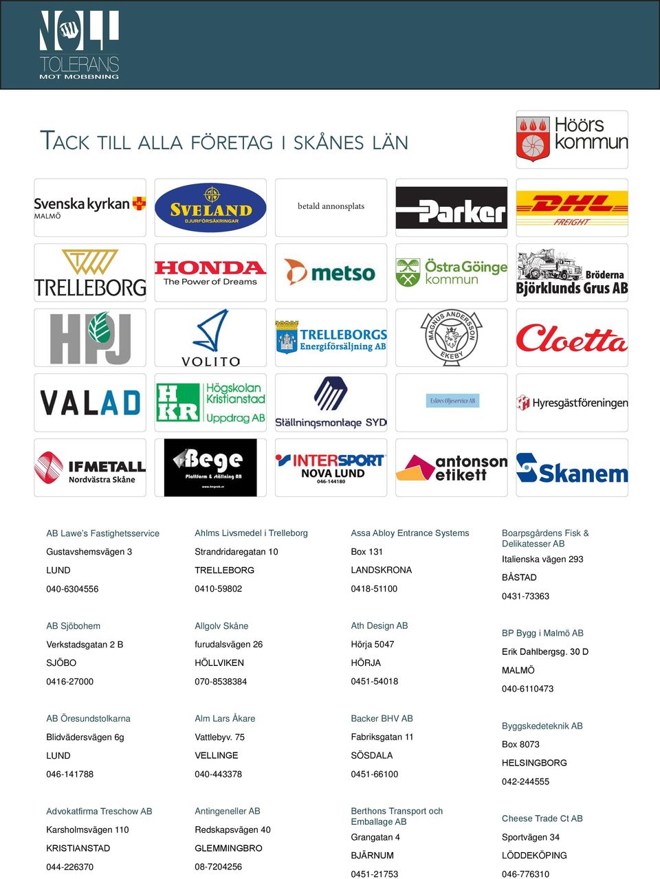 furudalsvägen 26 HÖLLVIKEN 070-8538384 Ath Design AB Hörja 5047 HÖRJA 0451-54018 BP Bygg i Malmö AB Erik Dahlbergsg.