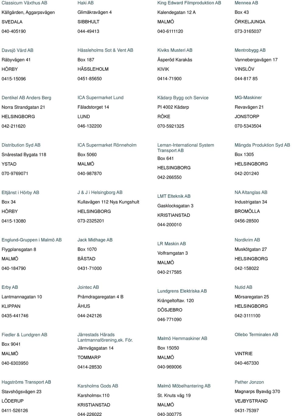 0414-71900 044-817 85 Dentikel AB Anders Berg ICA Supermarket Lund Kädarp Bygg och Service MG-Maskiner Norra Strandgatan 21 Fäladstorget 14 PI 4002 Kädarp Revavägen 21 LUND RÖKE JONSTORP 042-211620