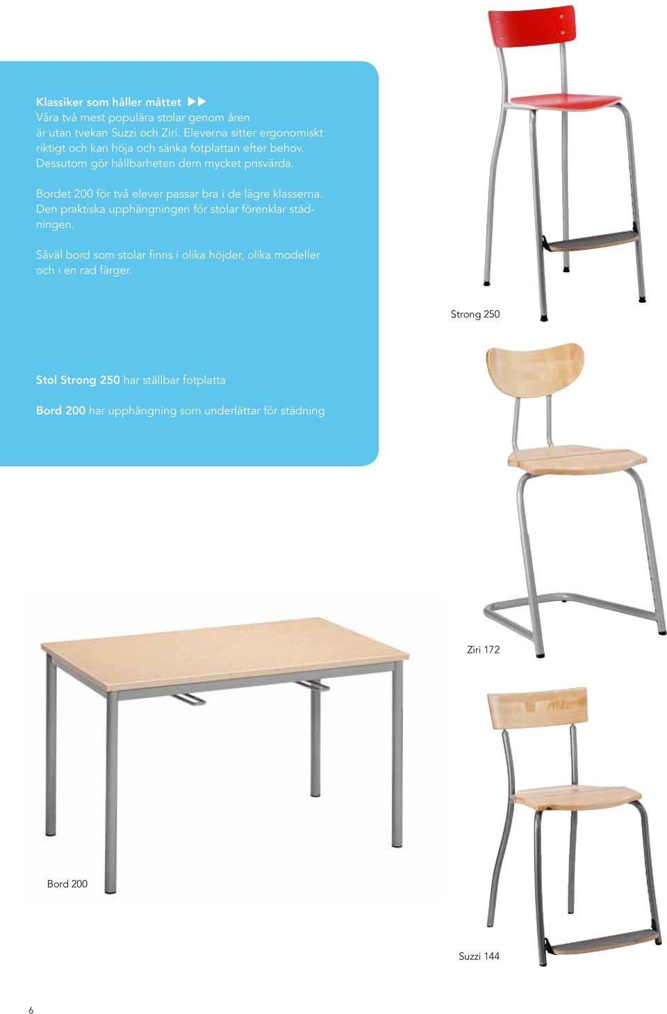 Bordet 200 för två elever passar bra i de lägre klasserna. Den praktiska upphängningen för stolar förenklar städningen.