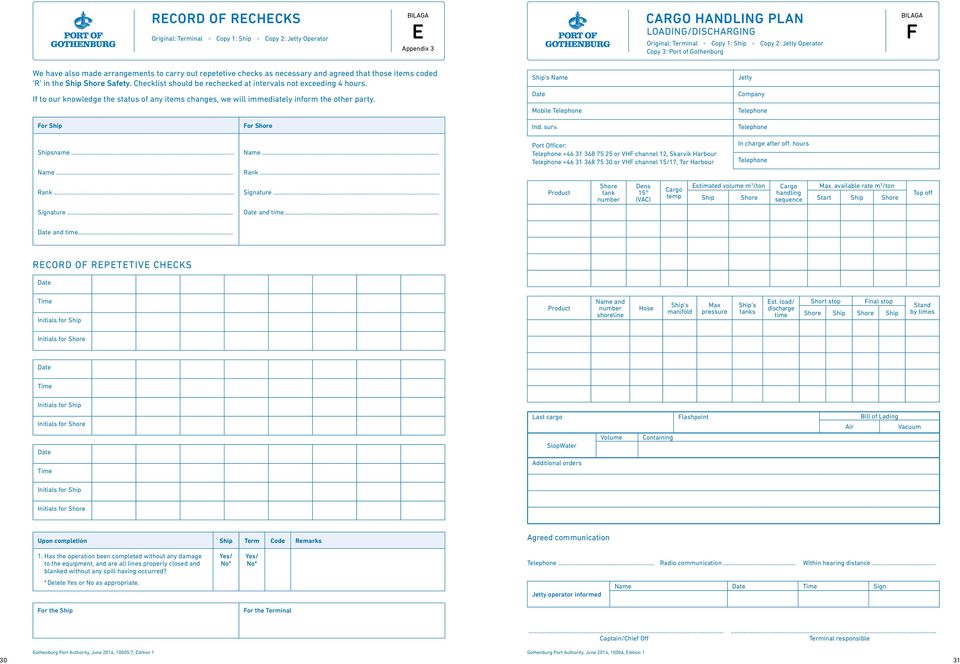 If to our knowledge the status of any items changes, we will immediately inform the other party. Ship s Name Date Mobile Telephone Jetty Company Telephone For Ship For Shore Ind. surv.