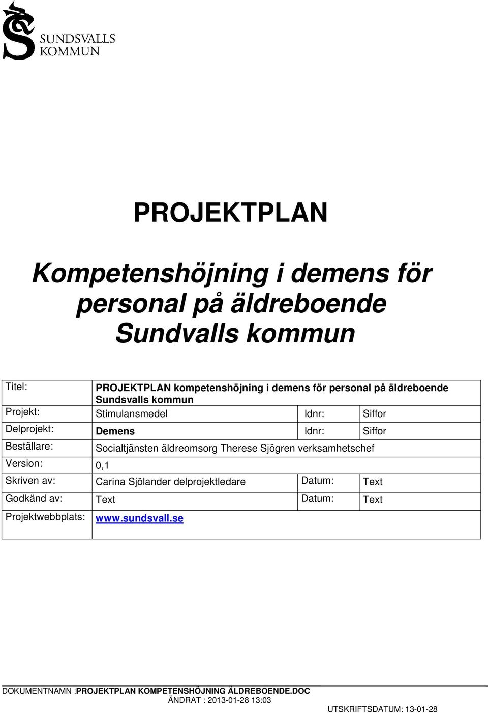 Beställare: Socialtjänsten äldreomsorg Therese Sjögren verksamhetschef Version: 0,1 Skriven av: Carina Sjölander