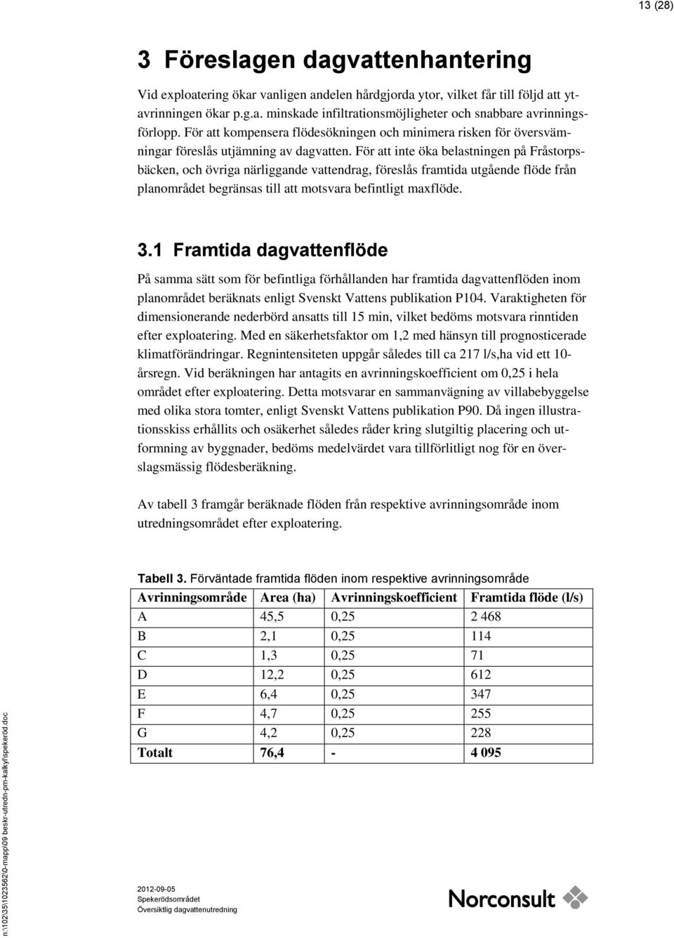 För att inte öka belastningen på Fråstorpsbäcken, och övriga närliggande vattendrag, föreslås framtida utgående flöde från planområdet begränsas till att motsvara befintligt maxflöde. 3.