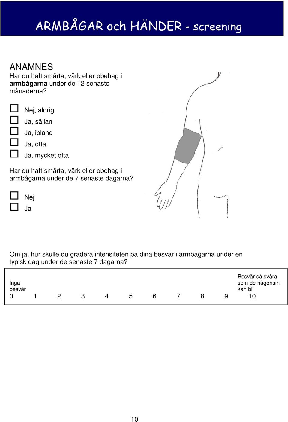 Nej, aldrig Ja, sällan Ja, ibland Ja, ofta Ja, mycket ofta Har du haft smärta, värk eller obehag i armbågarna under